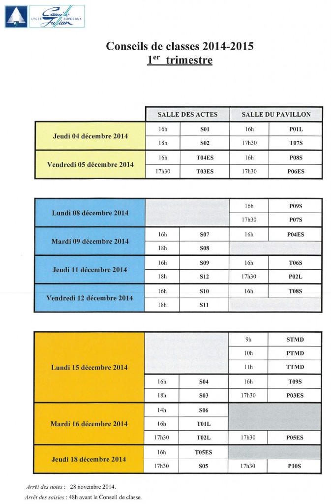 Calendrier des conseils de classes, 2014-2015 Trimestre 1